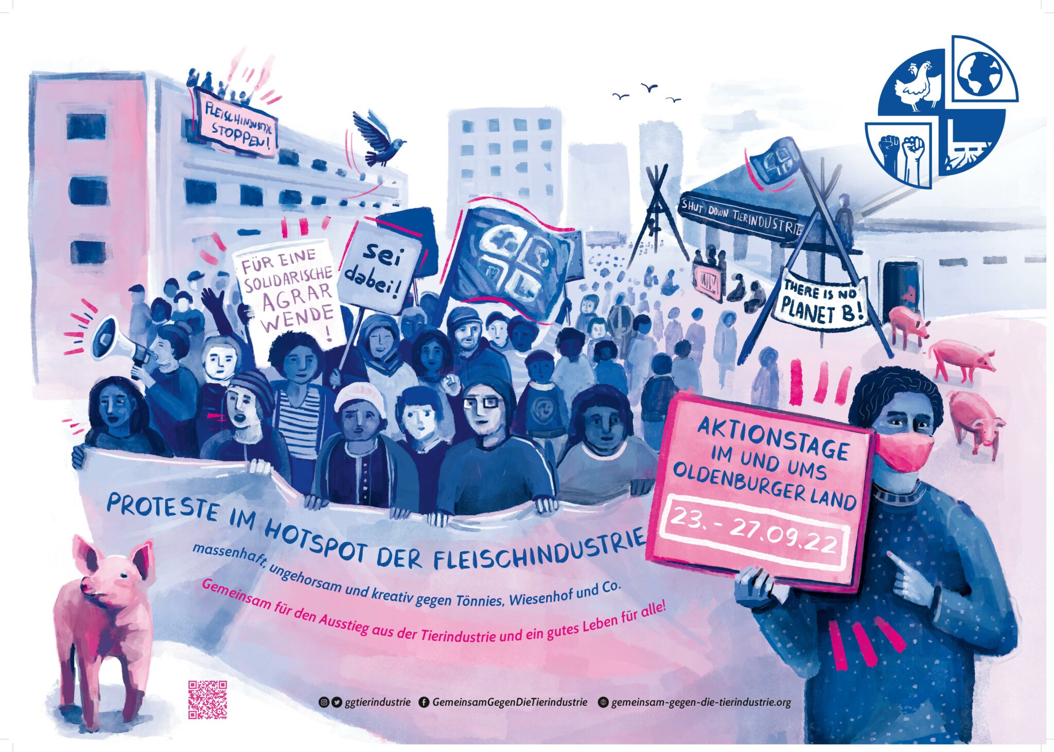 Das Bild zeigt einen gemalten Demonstrationszug der einen Banner mit der Aufschrift 'Proteste im Hotspot der Fleischindustrie' trägt und auf die Aktionstage hinweist.